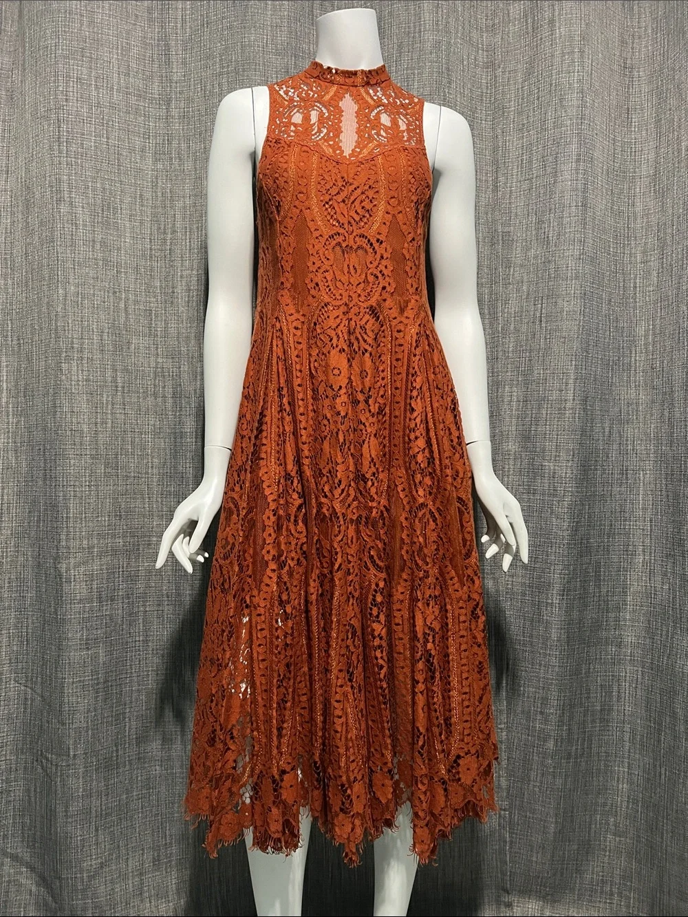 Free People Angel Ray Scalloped Lace Sleeveless Midi Dress Copper/Rust Orange XS
